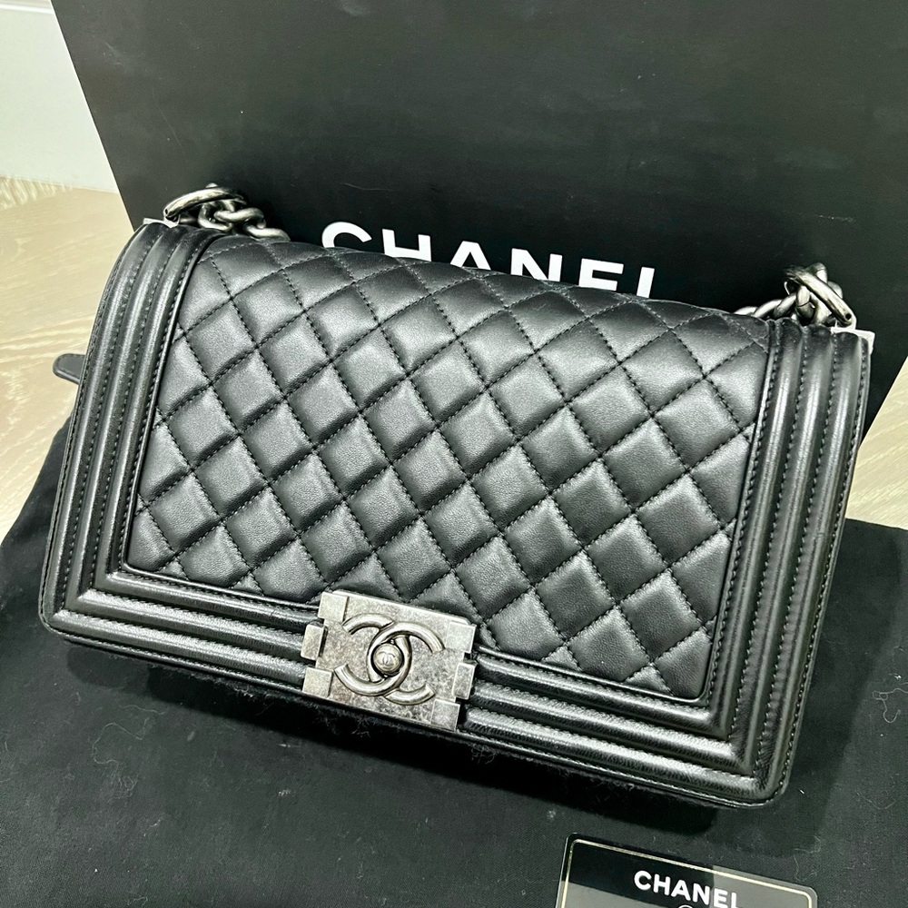 Authentic Chanel Lambskin Quilted Medium Boy Flap